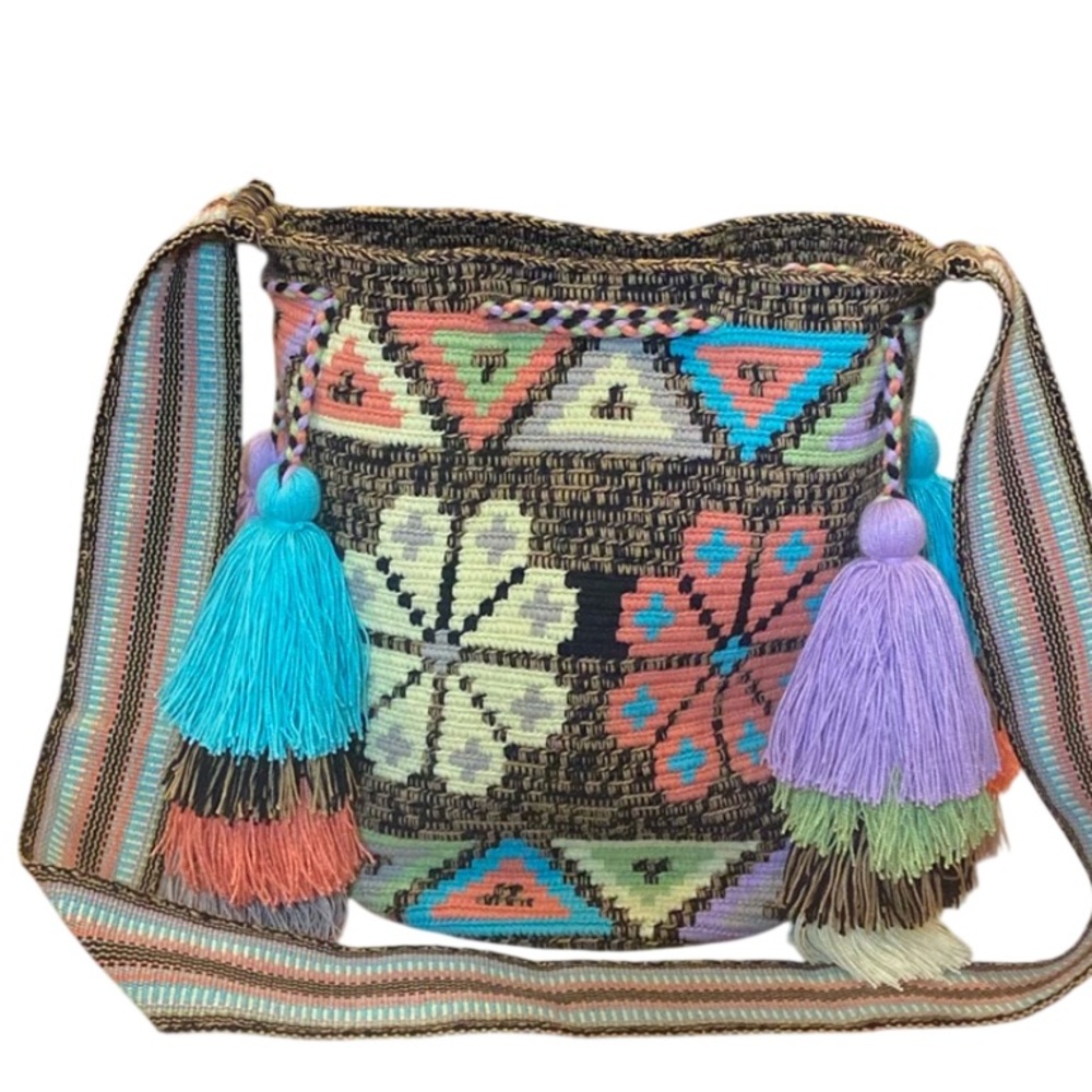 Wayuu Columbian Aztec Woven Bright Colorful Pom Pom Tassel Bucket Tote Bag - Picture 3 of 9